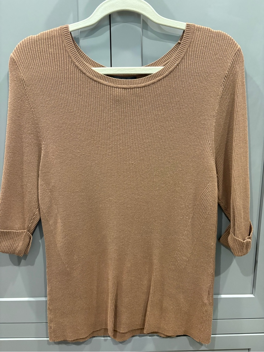 White House Black Market Ribbed Knit Top in Warm Brown